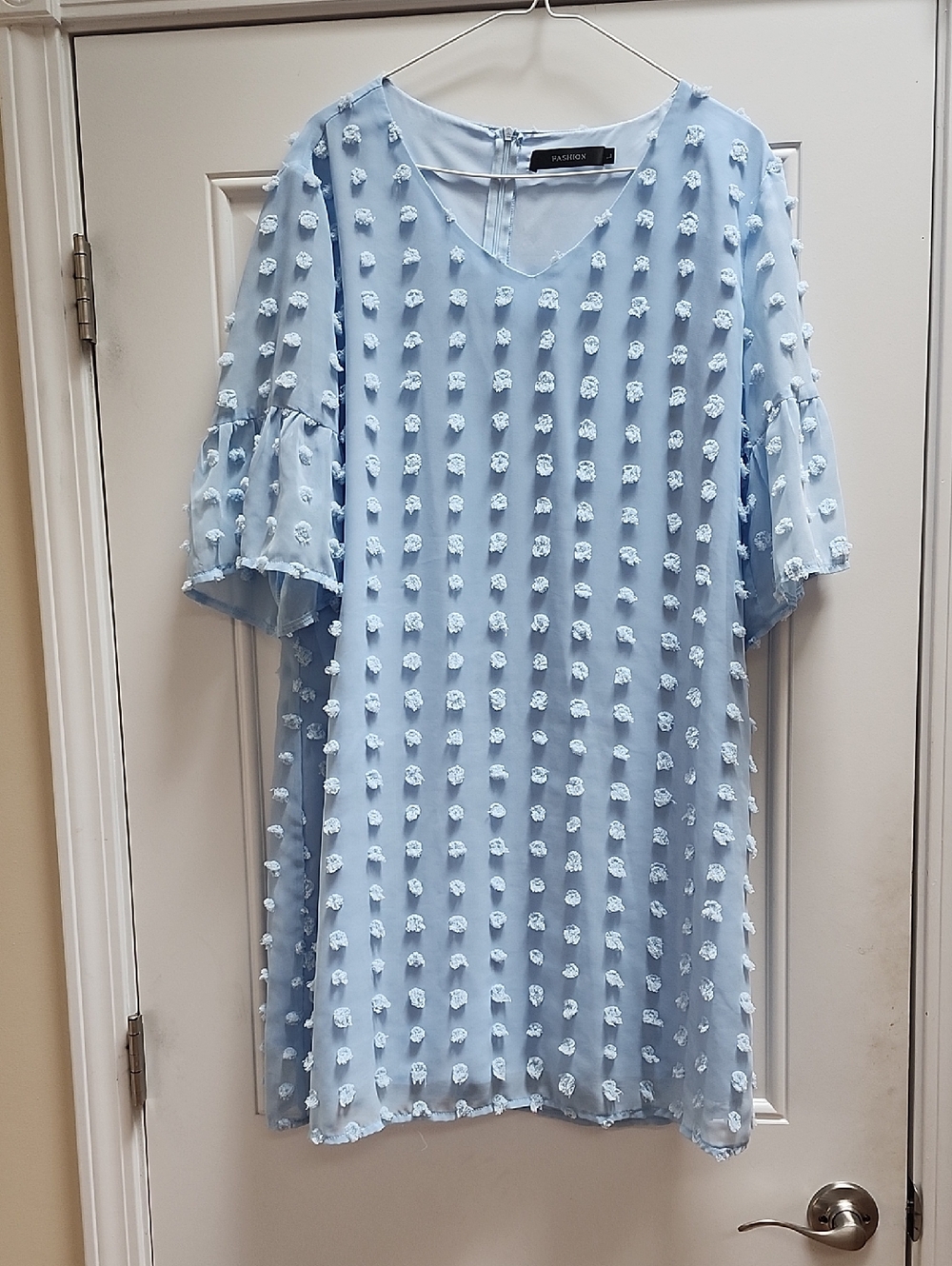 Light Blue Textured Pom-Pom Shift Dress